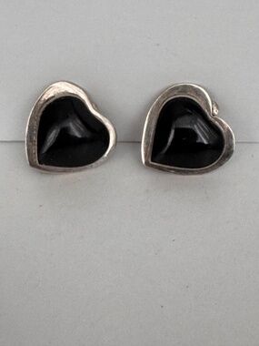Vintage Taxco Sterling Silver Onyx 3D heart clip on Earrings TP-48 925 JP